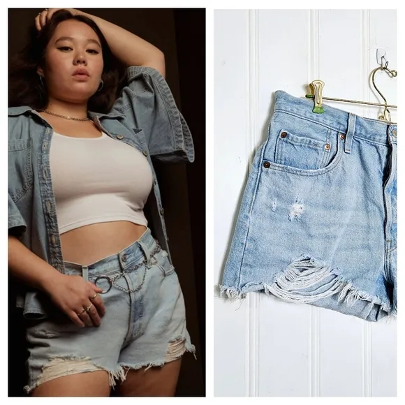 Levi's 501 High Rise Jean Shorts Womens Blue Denim Button Fly Distressed Size 33