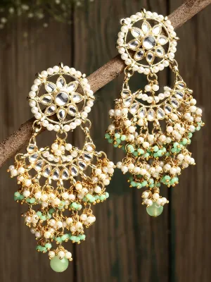 Light Green Crystal and Pearl Kundan Dangler Earrings for Women