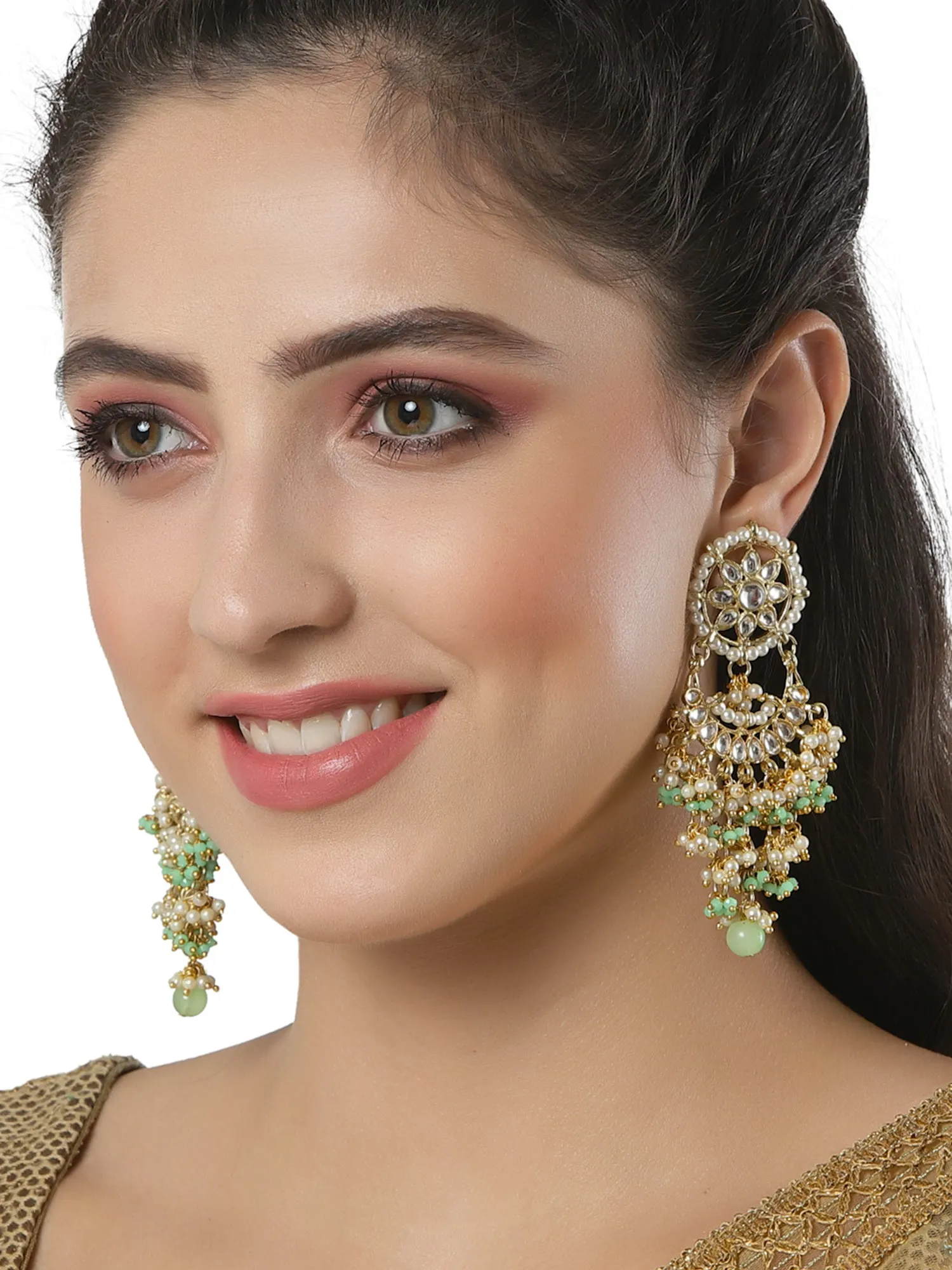 Light Green Crystal and Pearl Kundan Dangler Earrings for Women