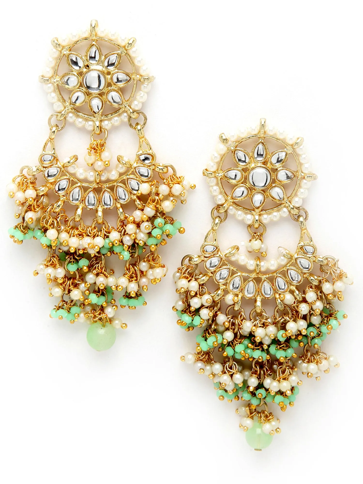 Light Green Crystal and Pearl Kundan Dangler Earrings for Women
