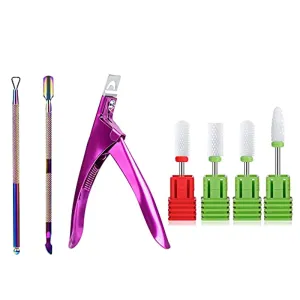 MelodySusie Acrylic Nail Tips Clipper 3 in 1 Kit, Acrylic Nail Cutter Fake Nail Trimmer with Mental Cuticle Pusher Remover Cleaner Nail Scraper Peeler with 4Pcs Ceramic Nail Drill Bits