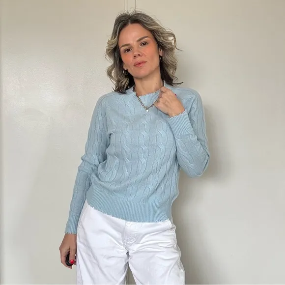 Minnie Rose Cashmere Distressed Cable Crew Blue