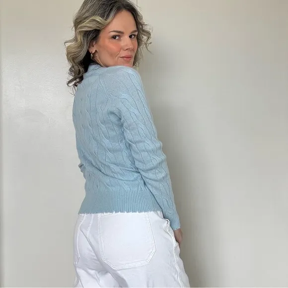 Minnie Rose Cashmere Distressed Cable Crew Blue