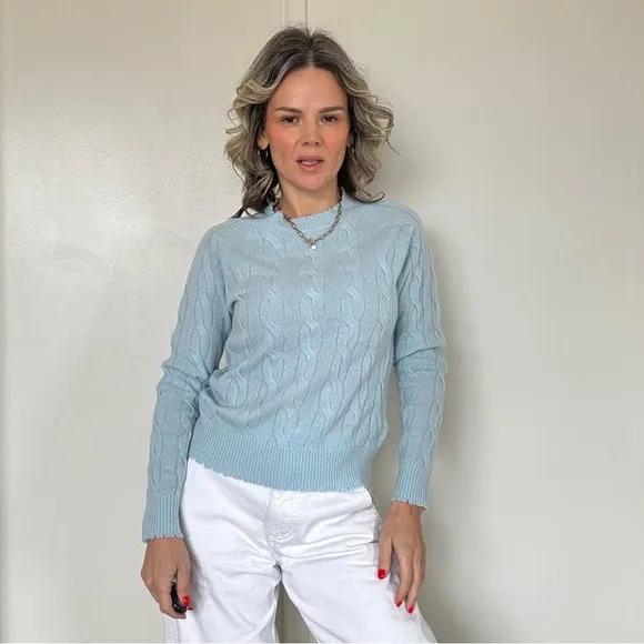 Minnie Rose Cashmere Distressed Cable Crew Blue