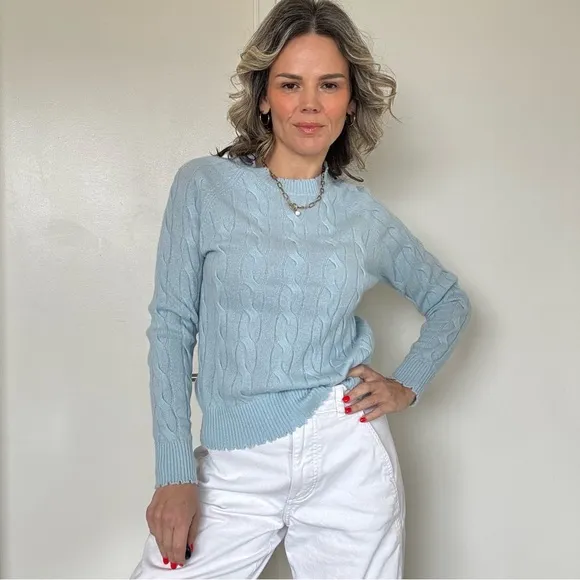 Minnie Rose Cashmere Distressed Cable Crew Blue