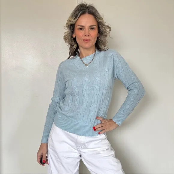 Minnie Rose Cashmere Distressed Cable Crew Blue