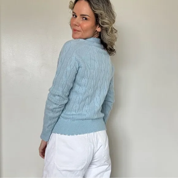 Minnie Rose Cashmere Distressed Cable Crew Blue