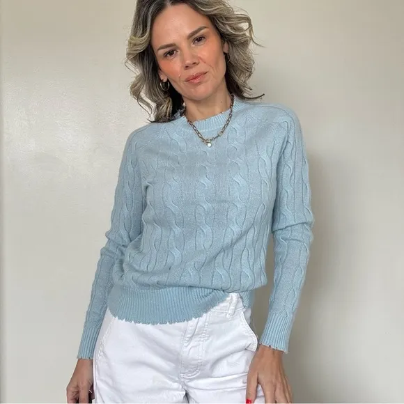 Minnie Rose Cashmere Distressed Cable Crew Blue
