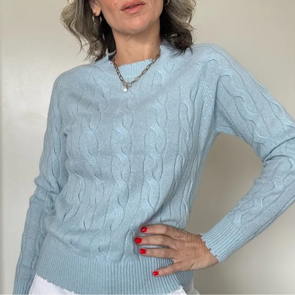 Minnie Rose Cashmere Distressed Cable Crew Blue