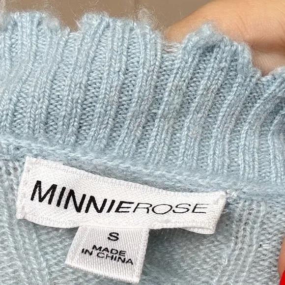Minnie Rose Cashmere Distressed Cable Crew Blue