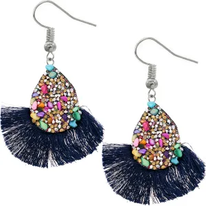 Navy Blue Faux Gemstone Teardrop Tassel Fan Earrings