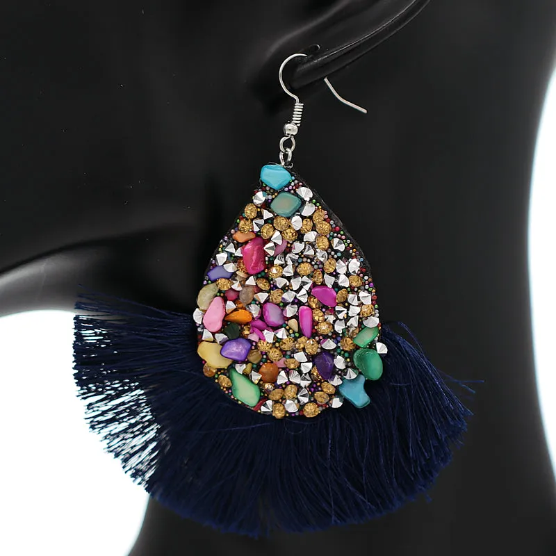Navy Blue Faux Gemstone Teardrop Tassel Fan Earrings