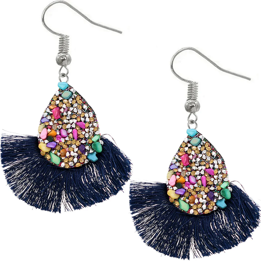 Navy Blue Faux Gemstone Teardrop Tassel Fan Earrings