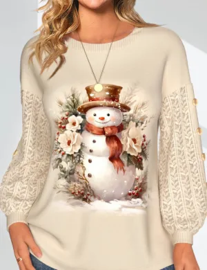NEW MODLILY® Christmas Lace Snowman Print Long Sleeve Round Neck Sweatshirt, Light Camel, Sz M, Retails $51