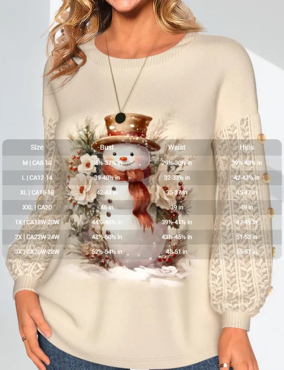 NEW MODLILY® Christmas Lace Snowman Print Long Sleeve Round Neck Sweatshirt, Light Camel, Sz M, Retails $51