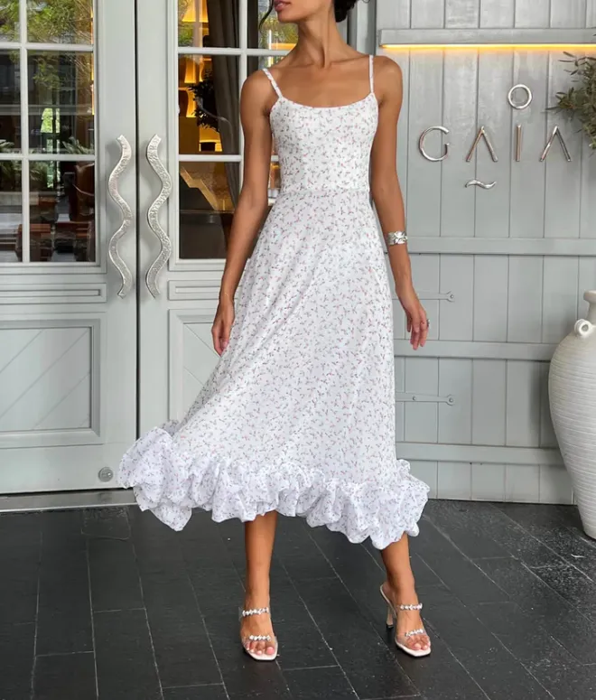 NEW Retails $120 ERTYM Sleeveless Floral Flounce Bustier Midi Dress Sz S