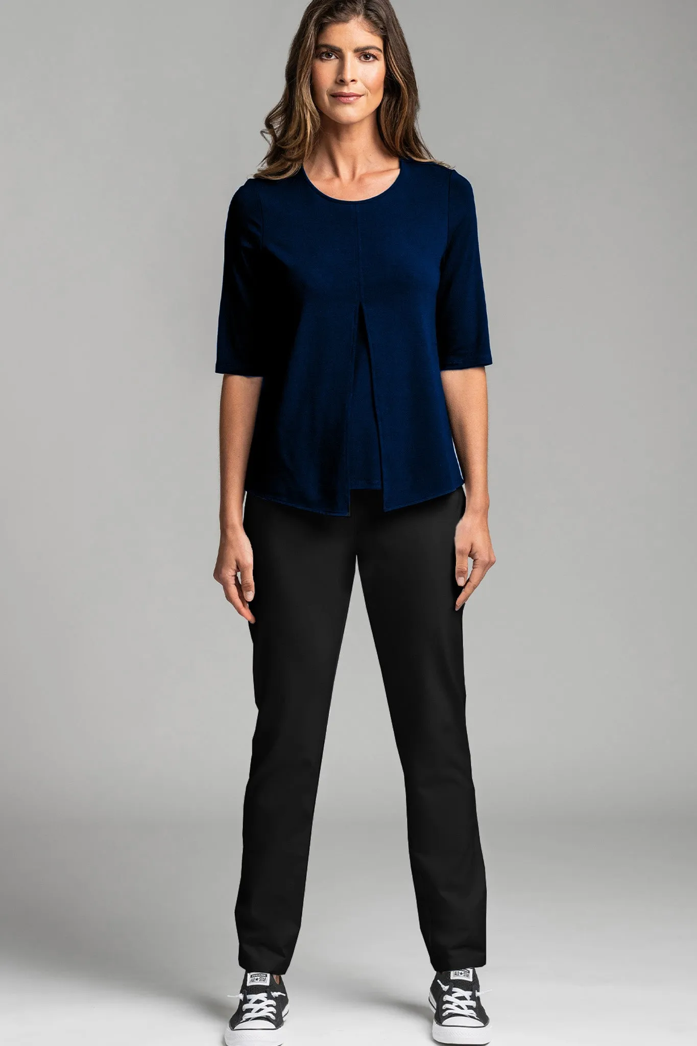 PAULA RYAN ESSENTIALS Box Pleat Half Sleeve Top - MicroModal Navy
