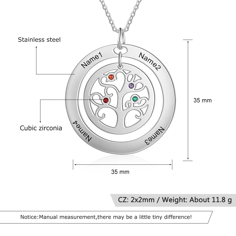 Personalized Stainless Steel Tree Of Life 4 Names & Birthstones Engraved Pendant Necklace, Fashion Jewelry Gift for Women
