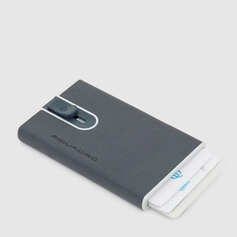 Porta Carte di Credito Piquadro Black Square in Metallo con Rivestimento in Pelle Blu Oceano