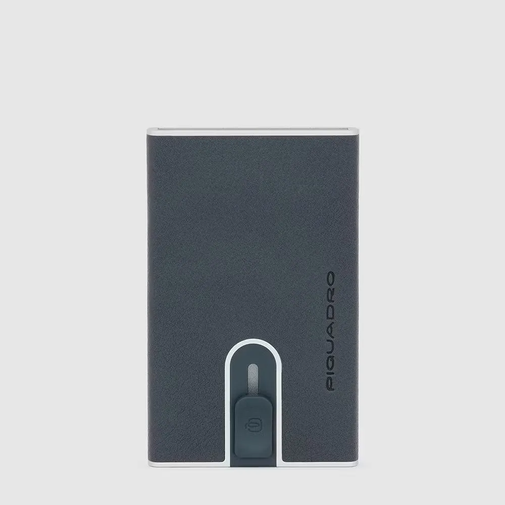 Porta Carte di Credito Piquadro Black Square in Metallo con Rivestimento in Pelle Blu Oceano