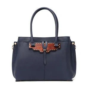 Rad Blue Leather 3 In 1 Handbag With Wood Trimmings
