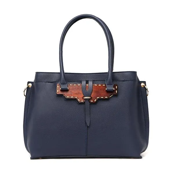 Rad Blue Leather 3 In 1 Handbag With Wood Trimmings
