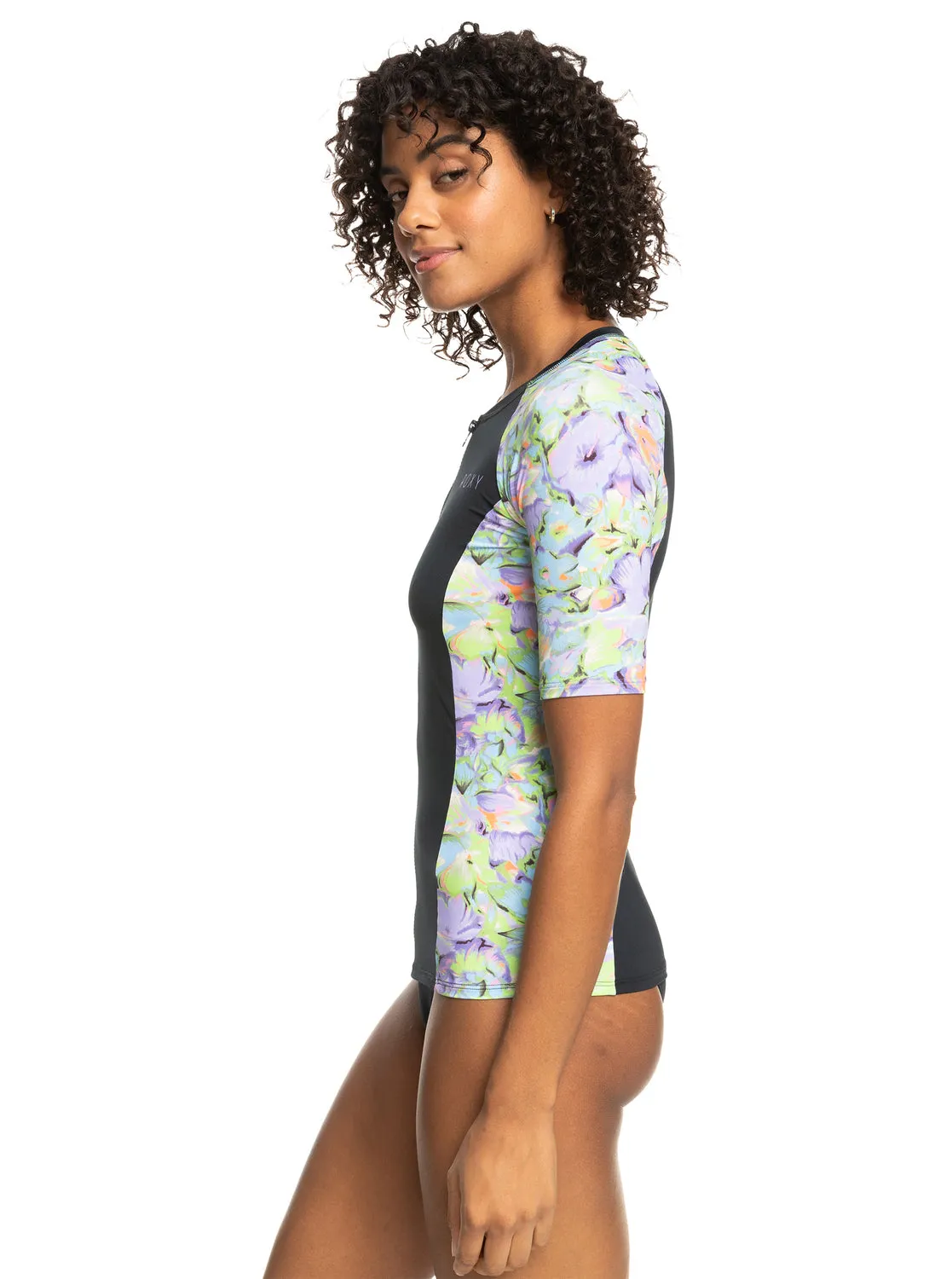 Roxy New SS Lycra Zipped Throught Rash Vest - Purple Rose Blumen