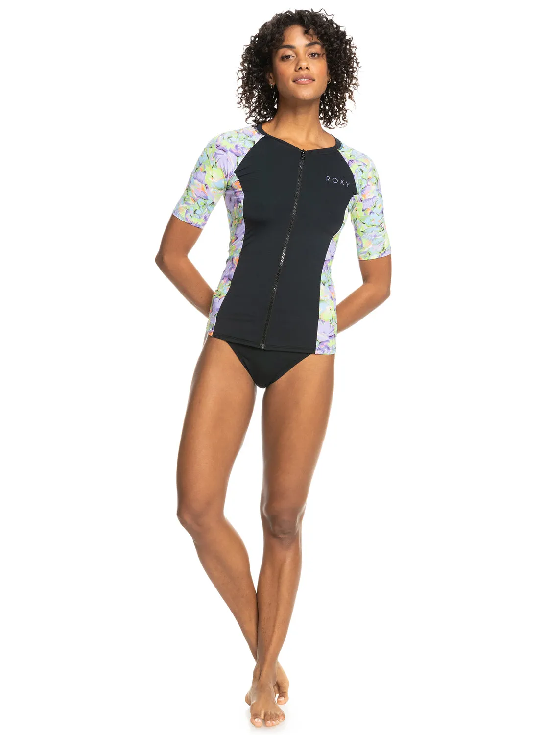 Roxy New SS Lycra Zipped Throught Rash Vest - Purple Rose Blumen