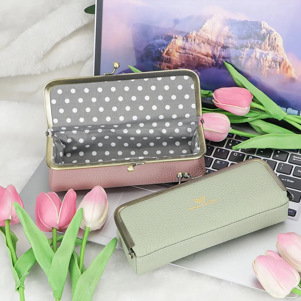 Royal Bagger Genuine Leather Fashion Glasses Case - RFID Blocking, Fashion Pencil Bag with Kiss Lock, Coin Purse for Women 2135