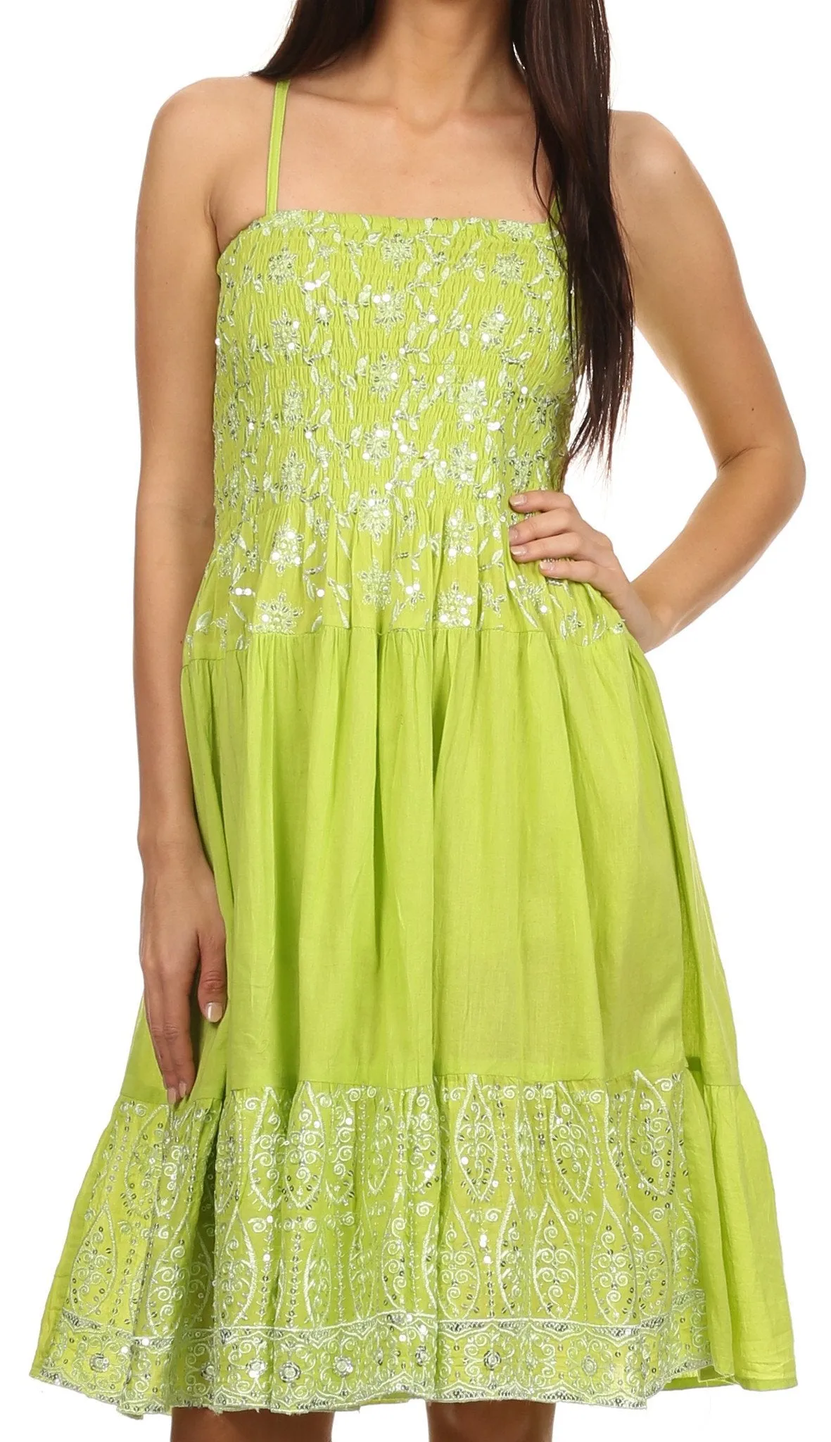 Sakkas Irina Sequin Embroidered Smocked Bodice Mid Length Dress