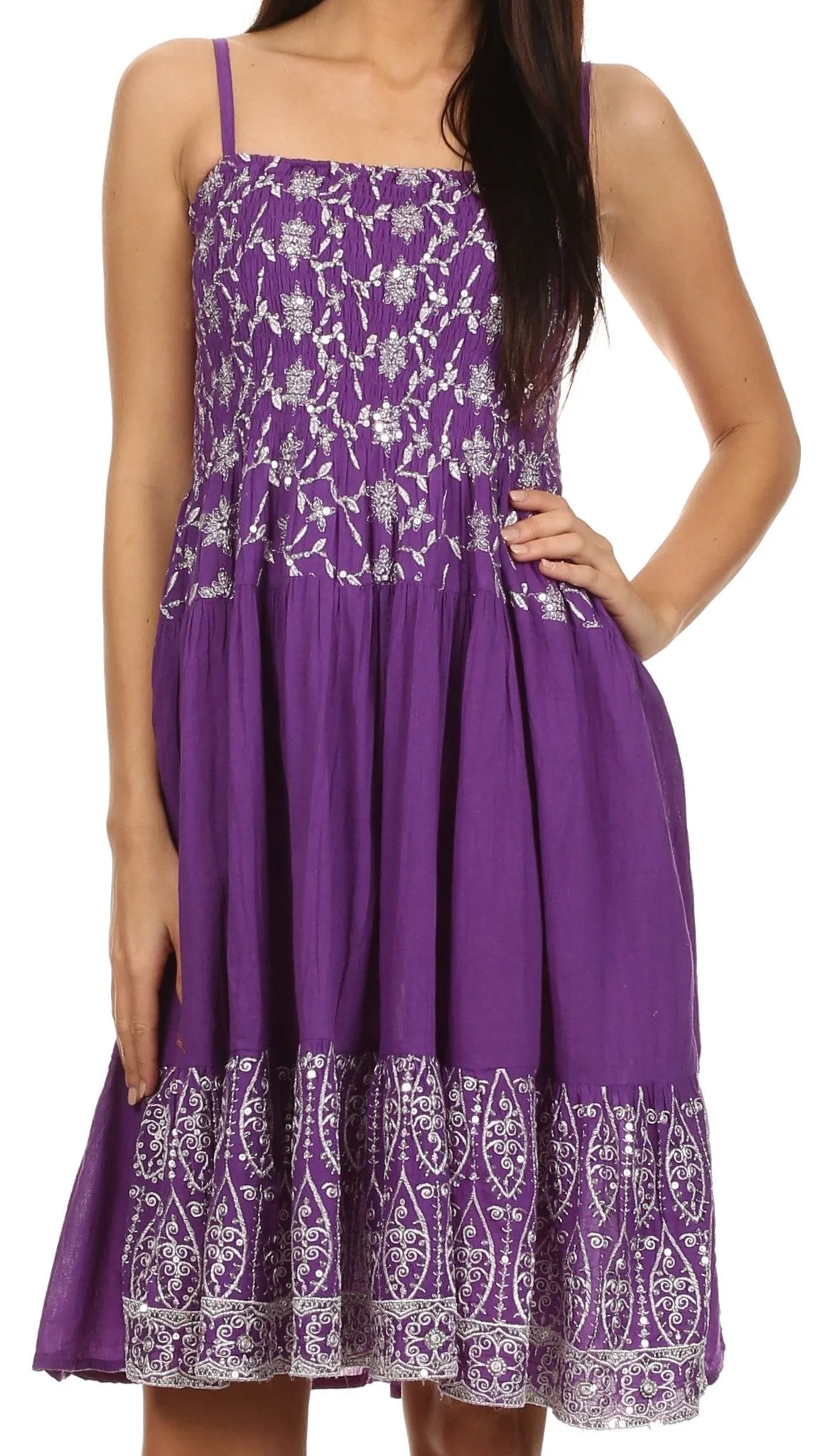 Sakkas Irina Sequin Embroidered Smocked Bodice Mid Length Dress
