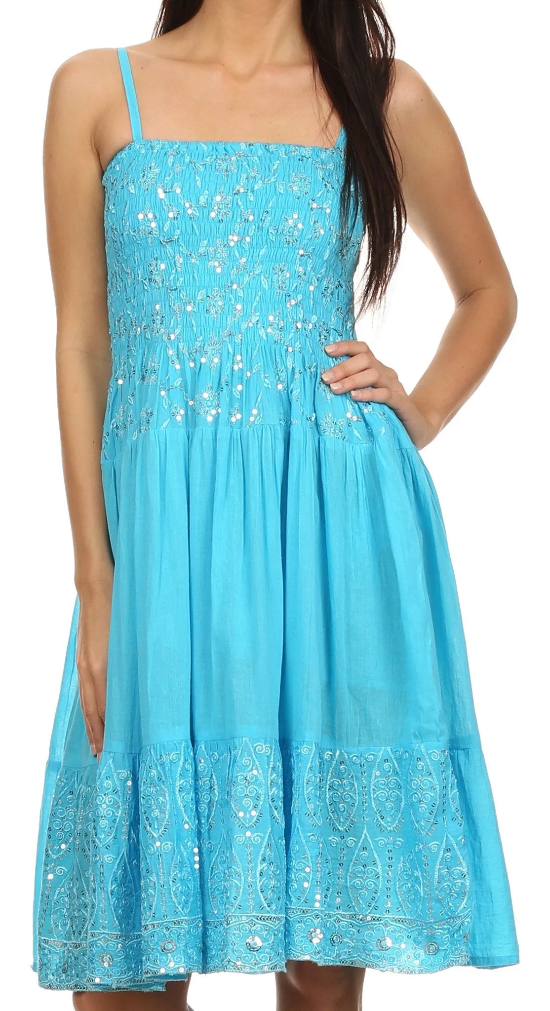 Sakkas Irina Sequin Embroidered Smocked Bodice Mid Length Dress