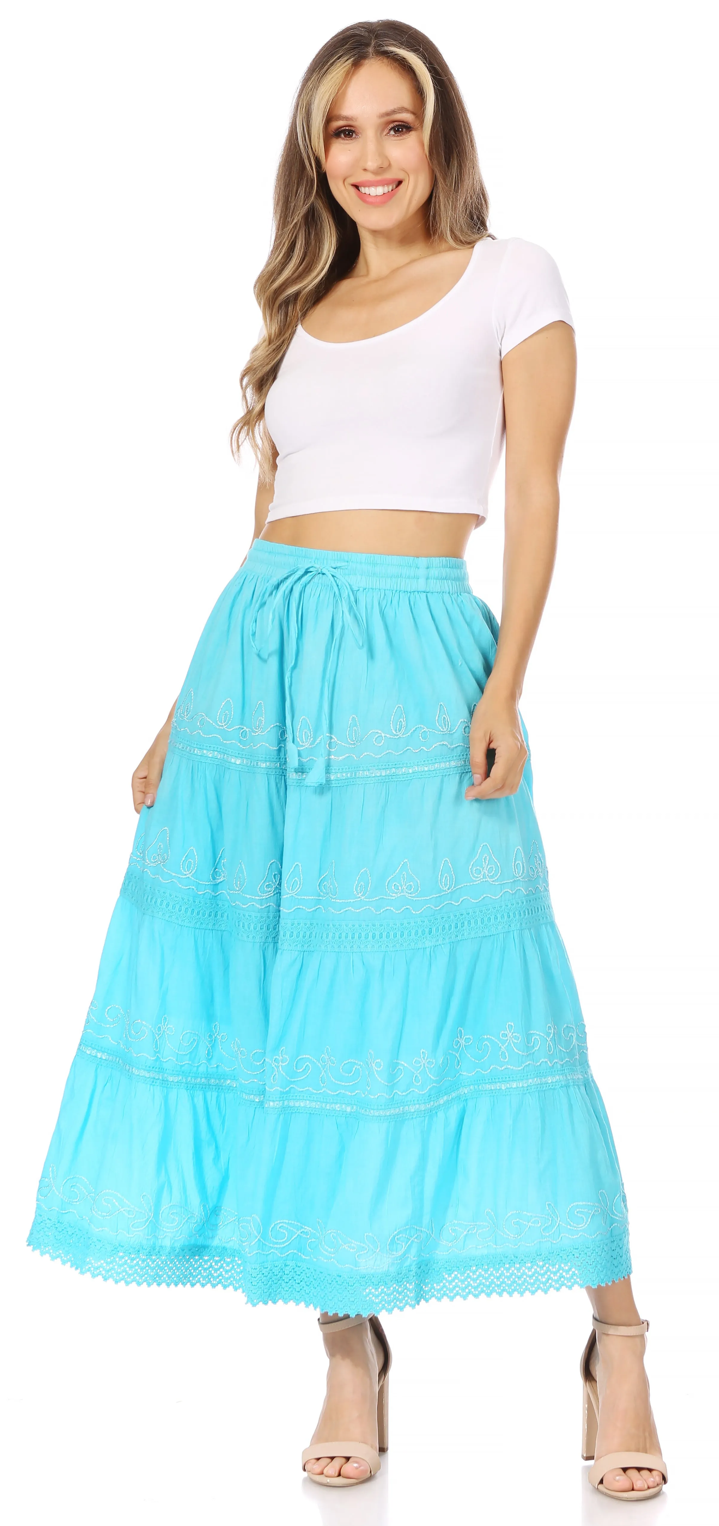 Sakkas Solid Embroidered Crochet Lace Trim Gypsy Bohemian Mid Length Cotton Skirt