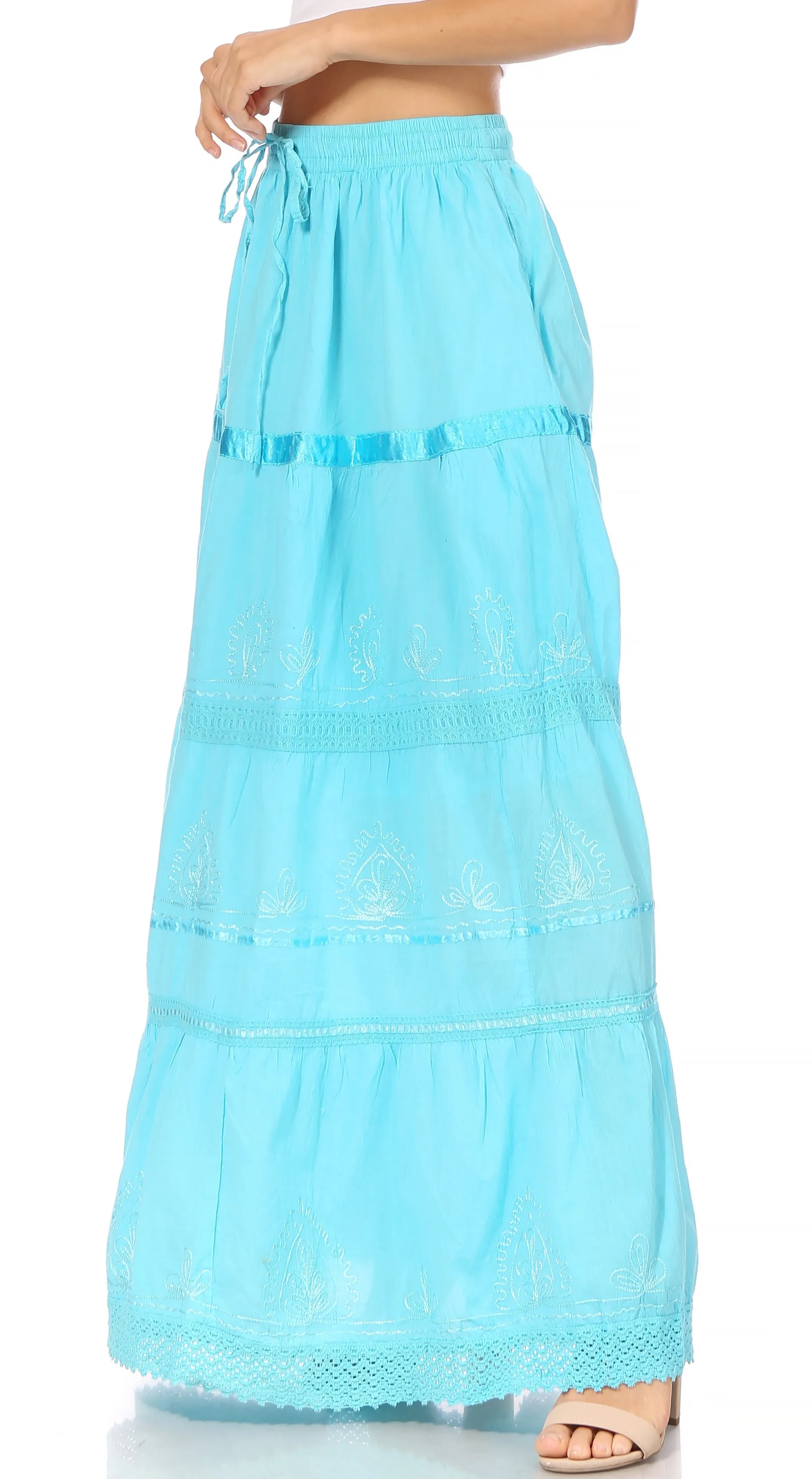 Sakkas Solid Embroidered Gypsy / Bohemian Full / Maxi / Long Cotton Skirt