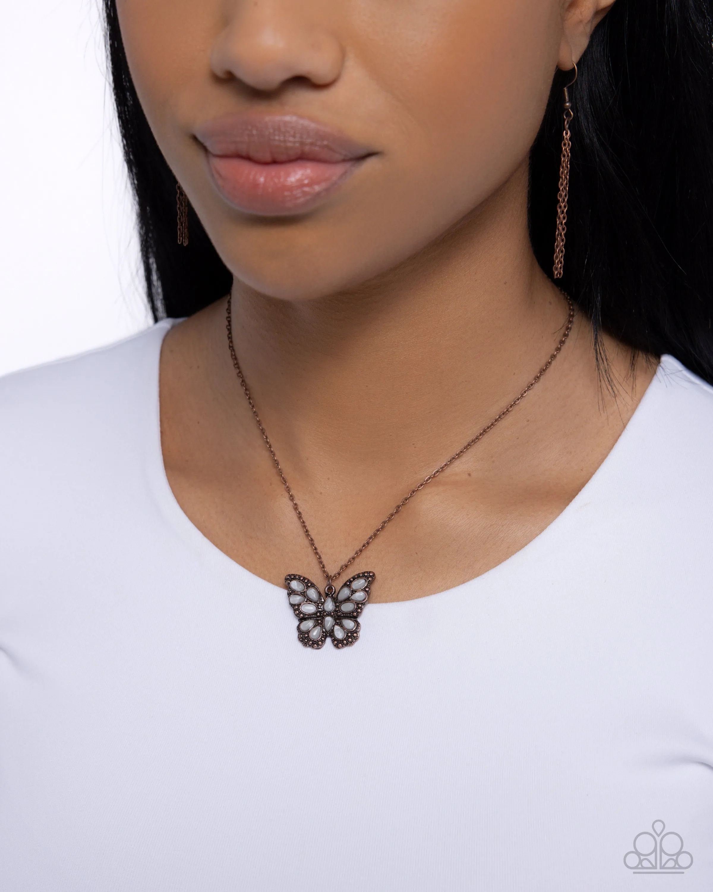 Santa Fe Satisfaction - Copper - White Glassy Stone Butterfly Paparazzi Short Necklace