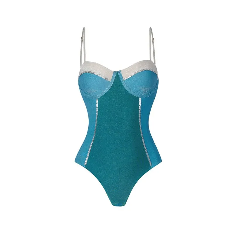Sexy color blocking one piece Swimsuit Set - As shown / S
