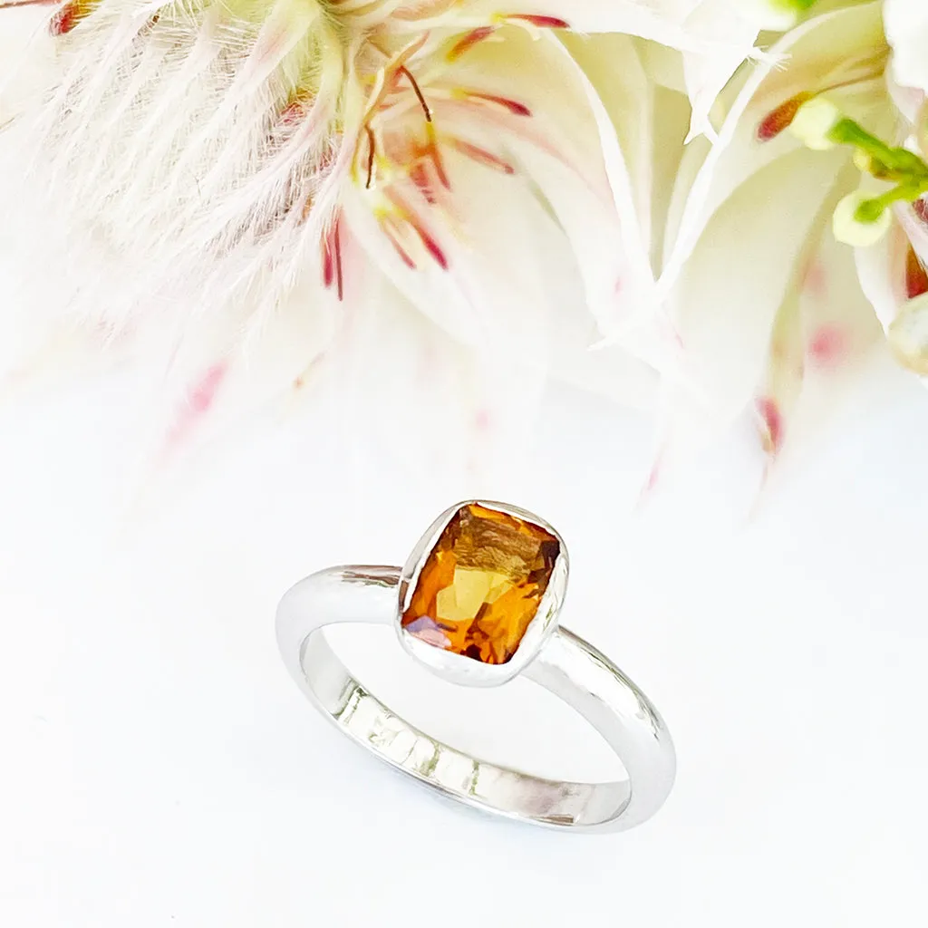 Silver Elongated Cushion Bezel Set Citrine Ring