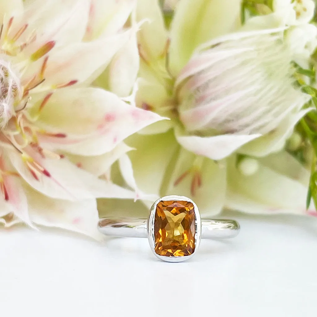 Silver Elongated Cushion Bezel Set Citrine Ring