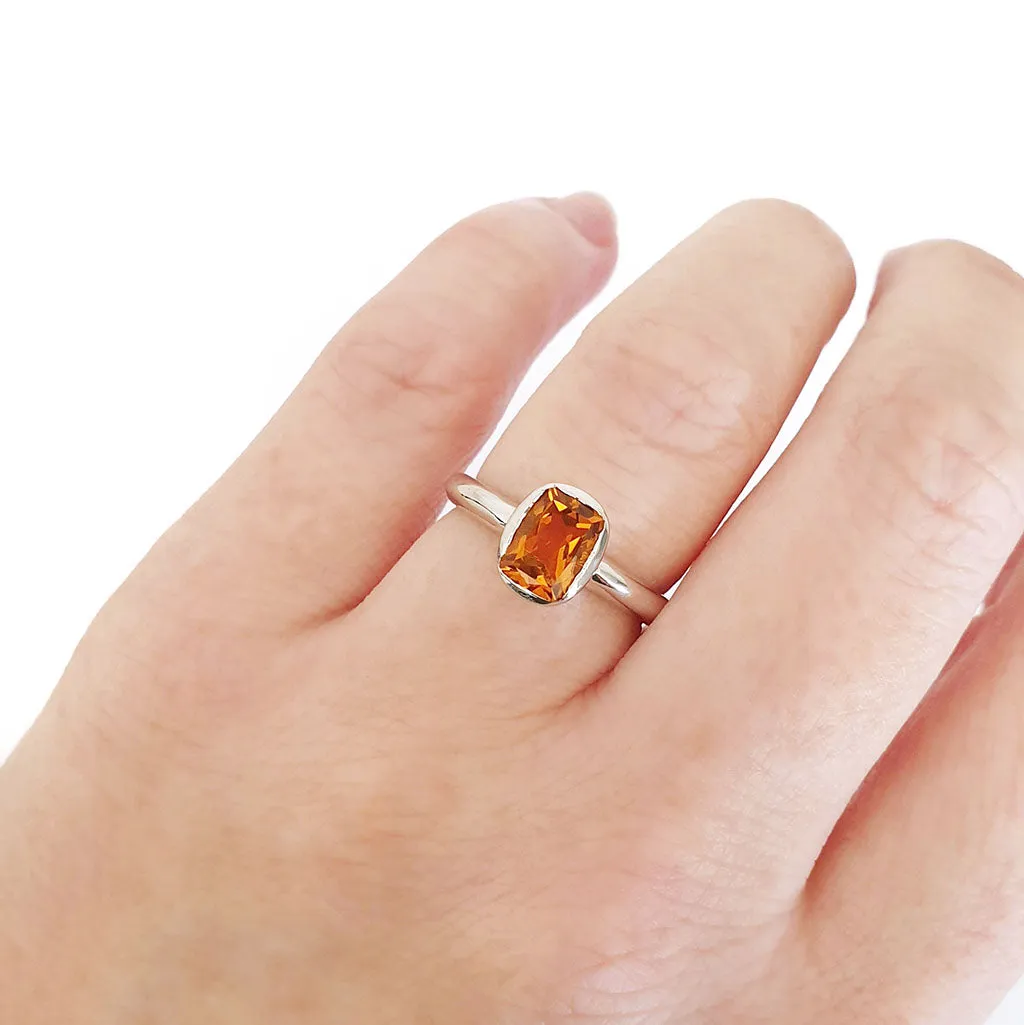 Silver Elongated Cushion Bezel Set Citrine Ring