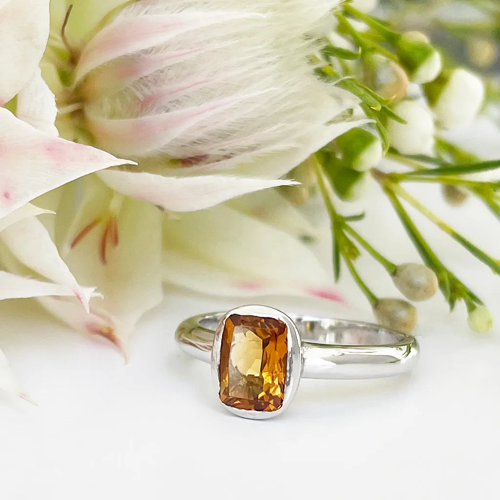 Silver Elongated Cushion Bezel Set Citrine Ring
