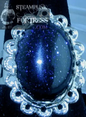 SILVER GOLDSTONE BLUE GEMSTONE STONES LACE EDGE 18MM X 13MM ADJUSTABLE RING GOLD STONE SPARKLES STARR WILDE STEAMPUNK FORTRESS
