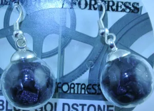 SILVER VIAL 16MM GLASS GLOBE GOLDSTONE BLUE GEMSTONES STONE CHIPS PIERCED EARRINGS STARR WILDE STEAMPUNK FORTRESS