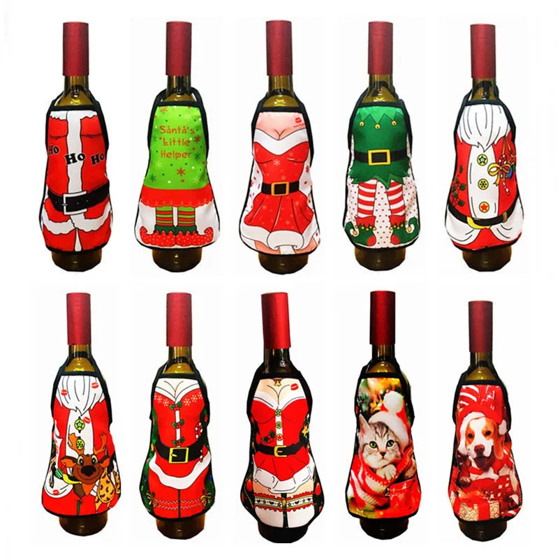 Small Apron bottle Wine Cover Christmas Sexy Lady/Xmas Dog/Santa Pinafore red wine bottle wrapper Holiday Bottle clothes Dress