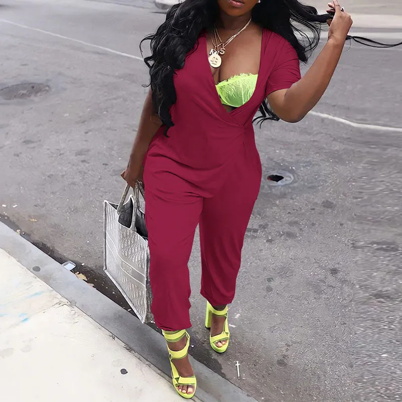 Solid Short Sleeve Pocket Design Loose Jumpsuit