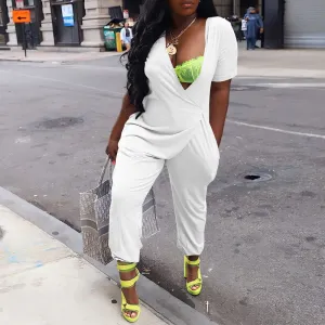 Solid Short Sleeve Pocket Design Loose Jumpsuit