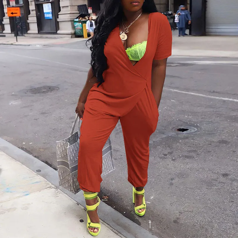 Solid Short Sleeve Pocket Design Loose Jumpsuit