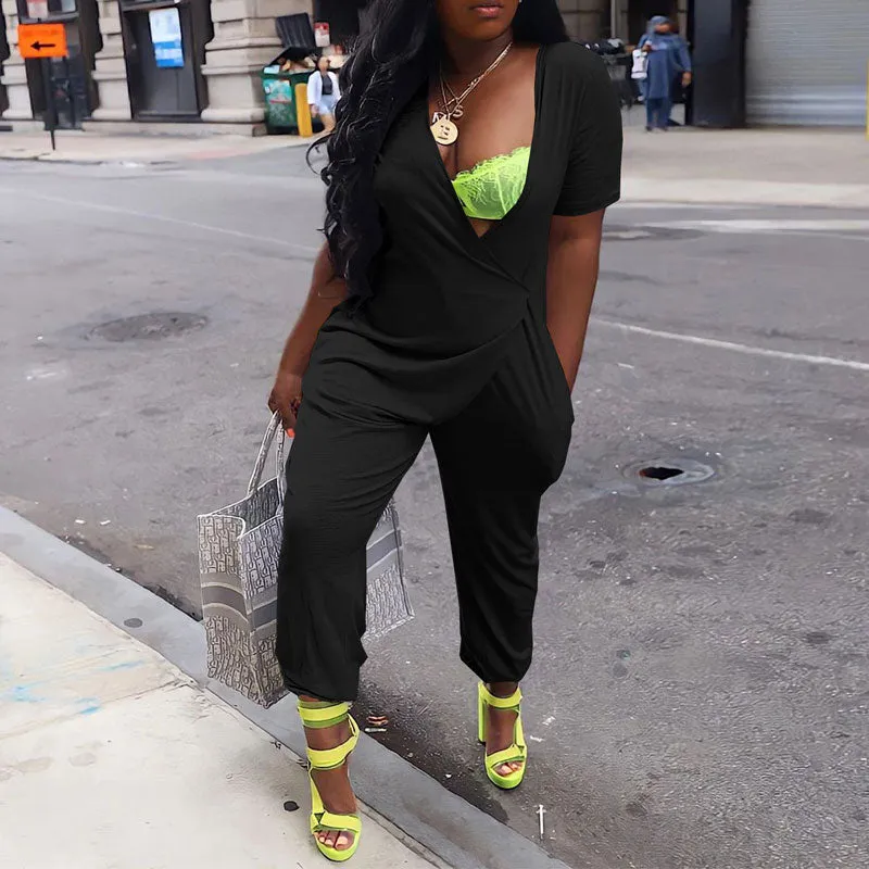 Solid Short Sleeve Pocket Design Loose Jumpsuit