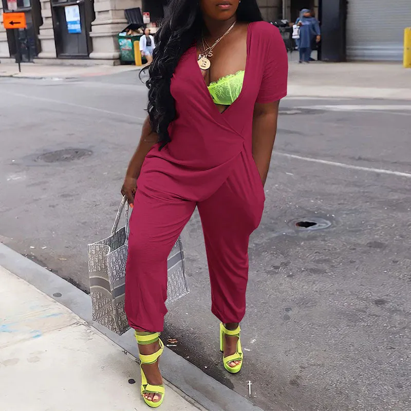 Solid Short Sleeve Pocket Design Loose Jumpsuit