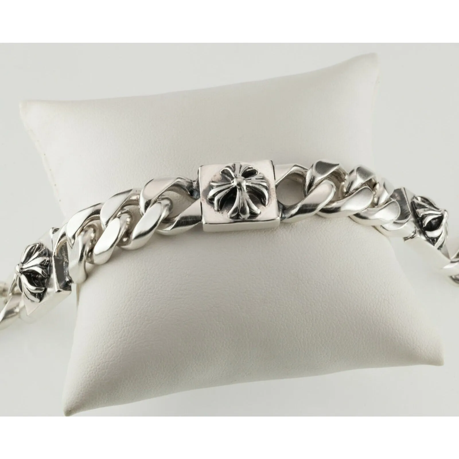 Sterling Silver Men's Chunky Link Bracelet with Cross Accents 105 Grams