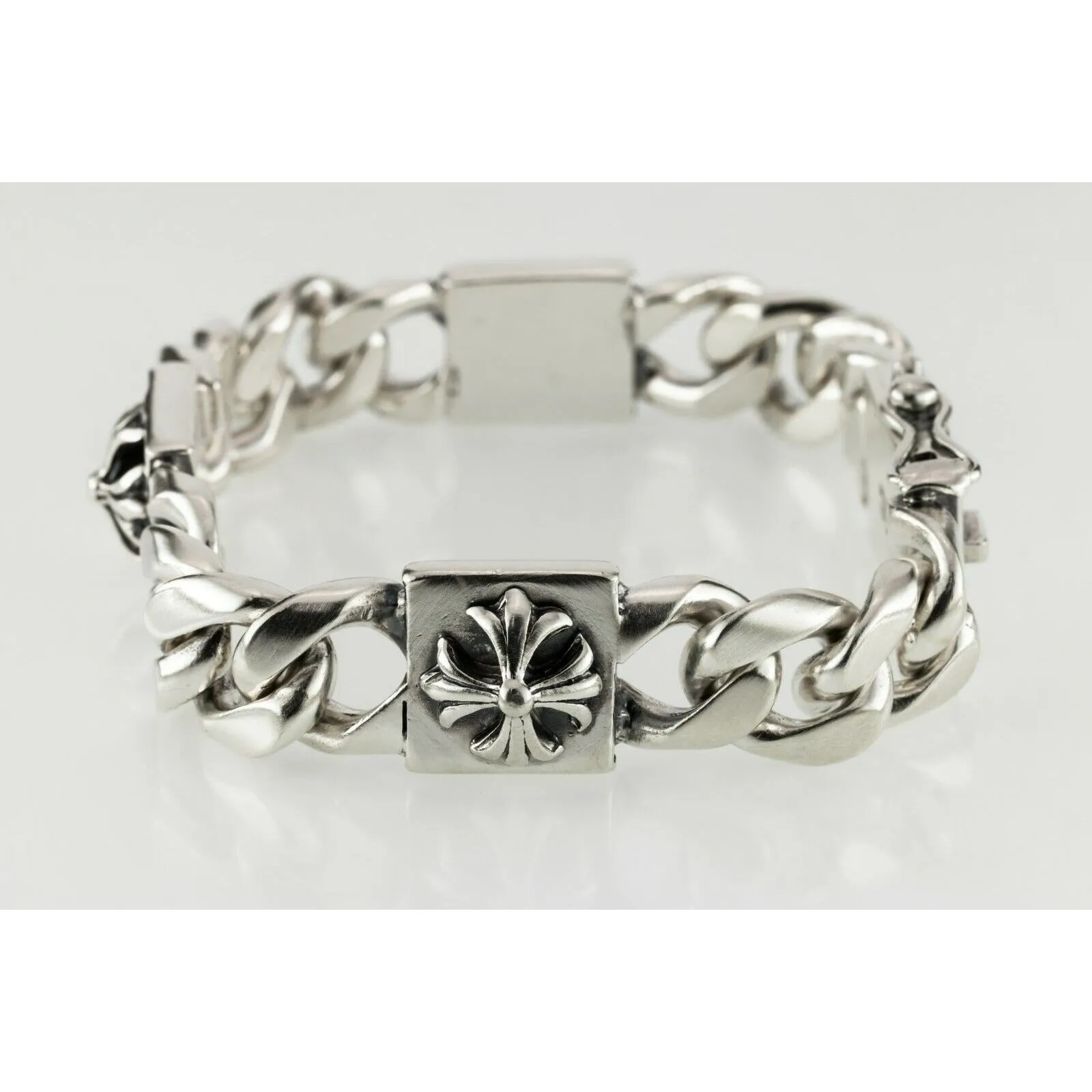 Sterling Silver Men's Chunky Link Bracelet with Cross Accents 105 Grams